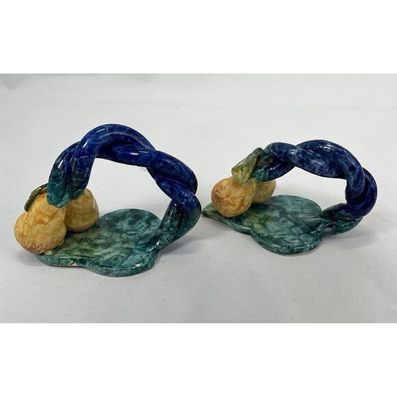 Vintage Handcrafted Majolica Pear Napkin Rings Set Of 2 Hand Painted Italy - Picture 6 of 11